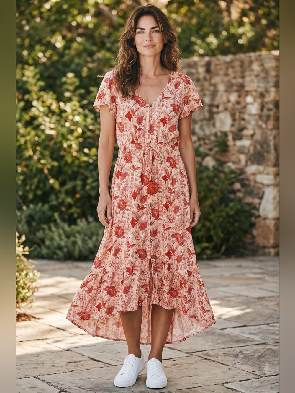 Knox Rose Pink Floral High-Low Button-Front Midi Dress